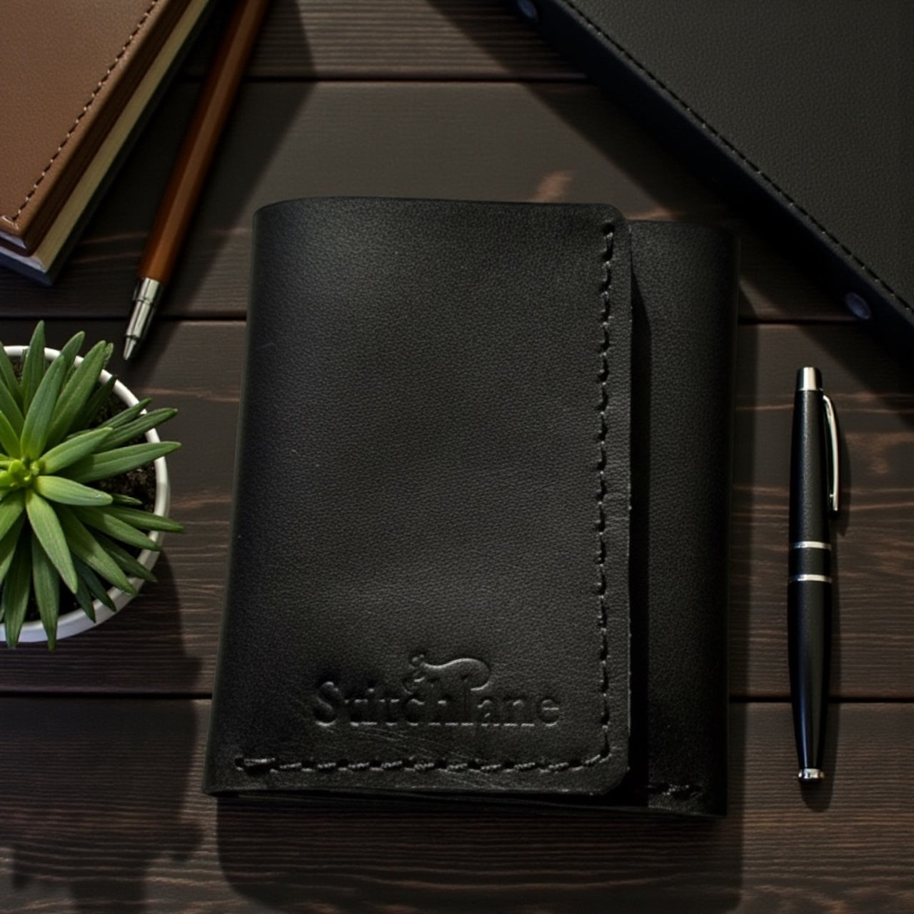 Black Trifold hand Stitched Leather wallet