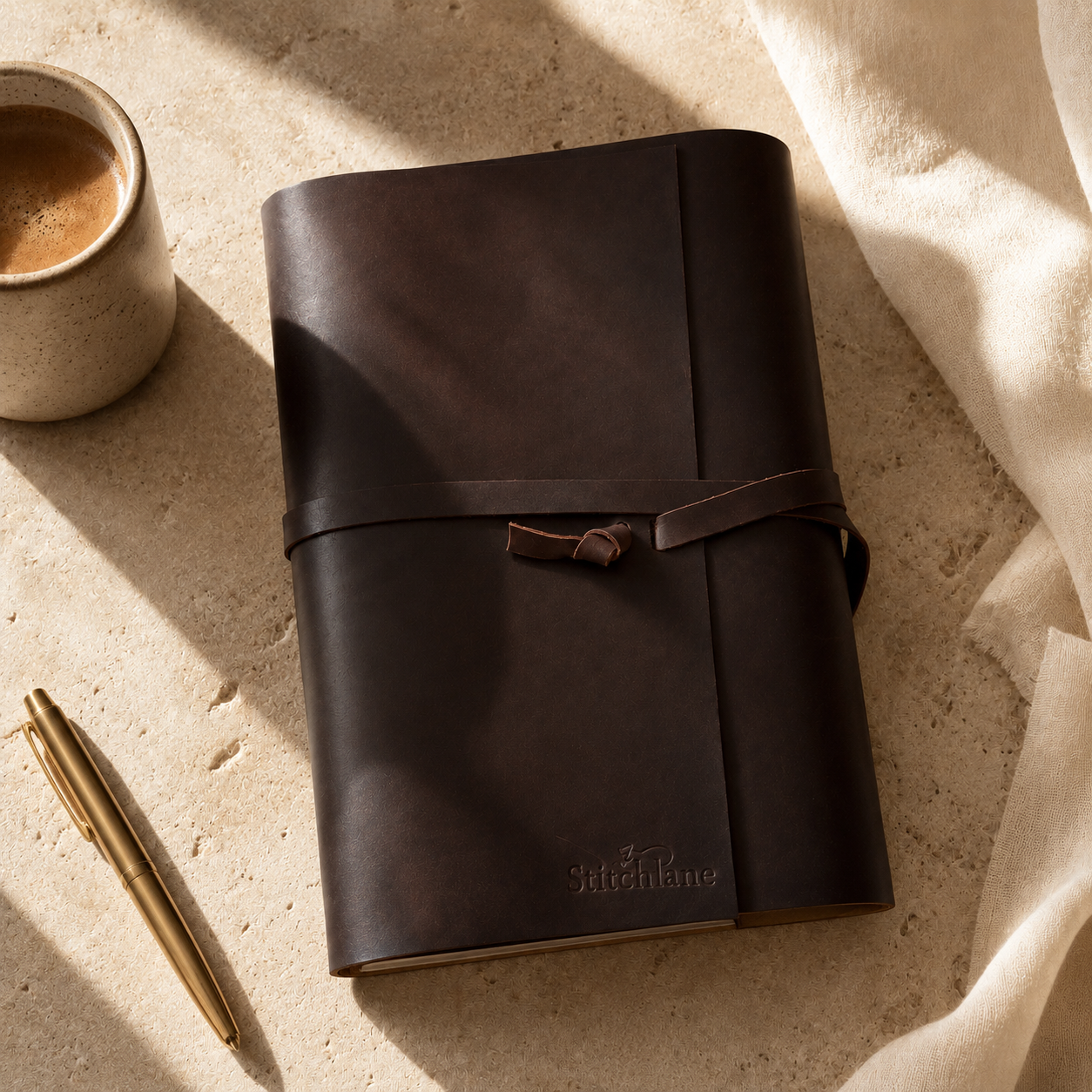 Brown leather journal with a pen and coffee cup on a textured surface