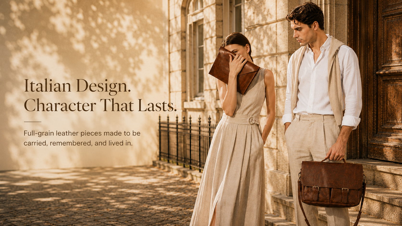 Couple standing on a street with a focus on leather bags, promoting Italian design.