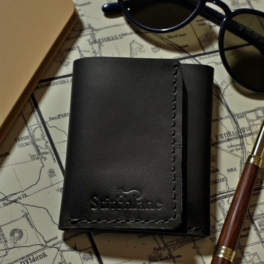 Black Trifold hand Stitched Leather wallet