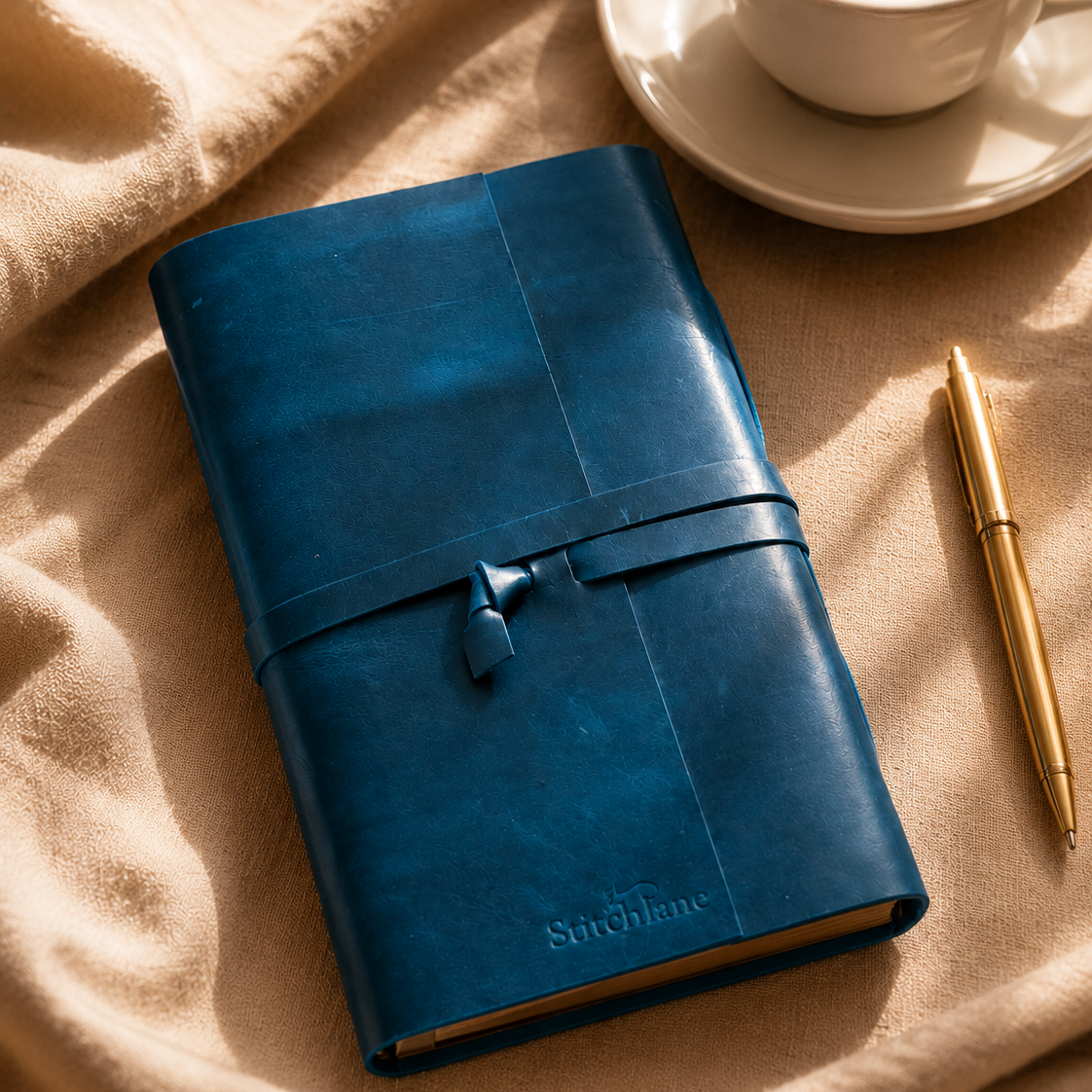 Blue full grain leather notebook with a cup of coffee and pen on a beige surface