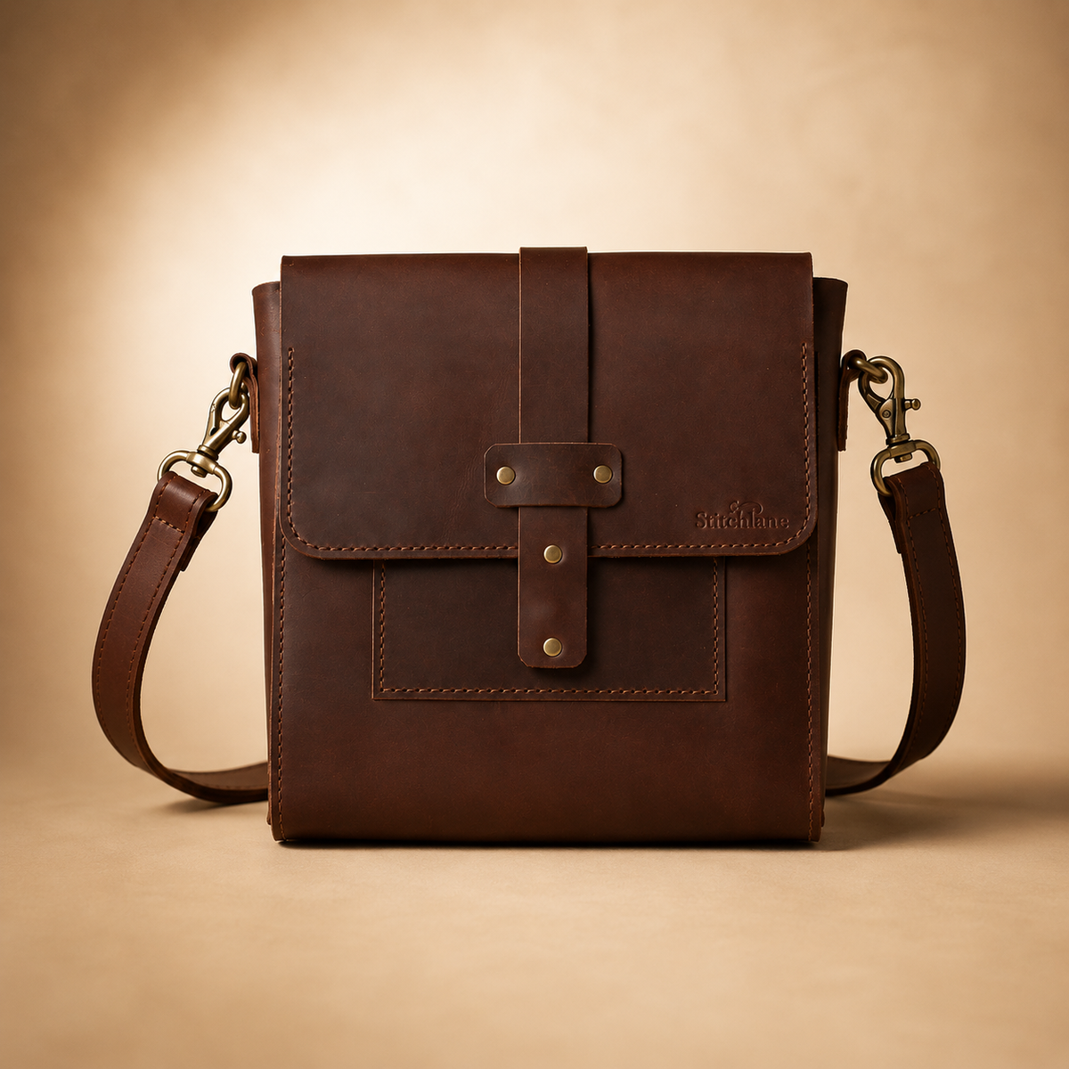 Brown leather crossbody bag on a beige background